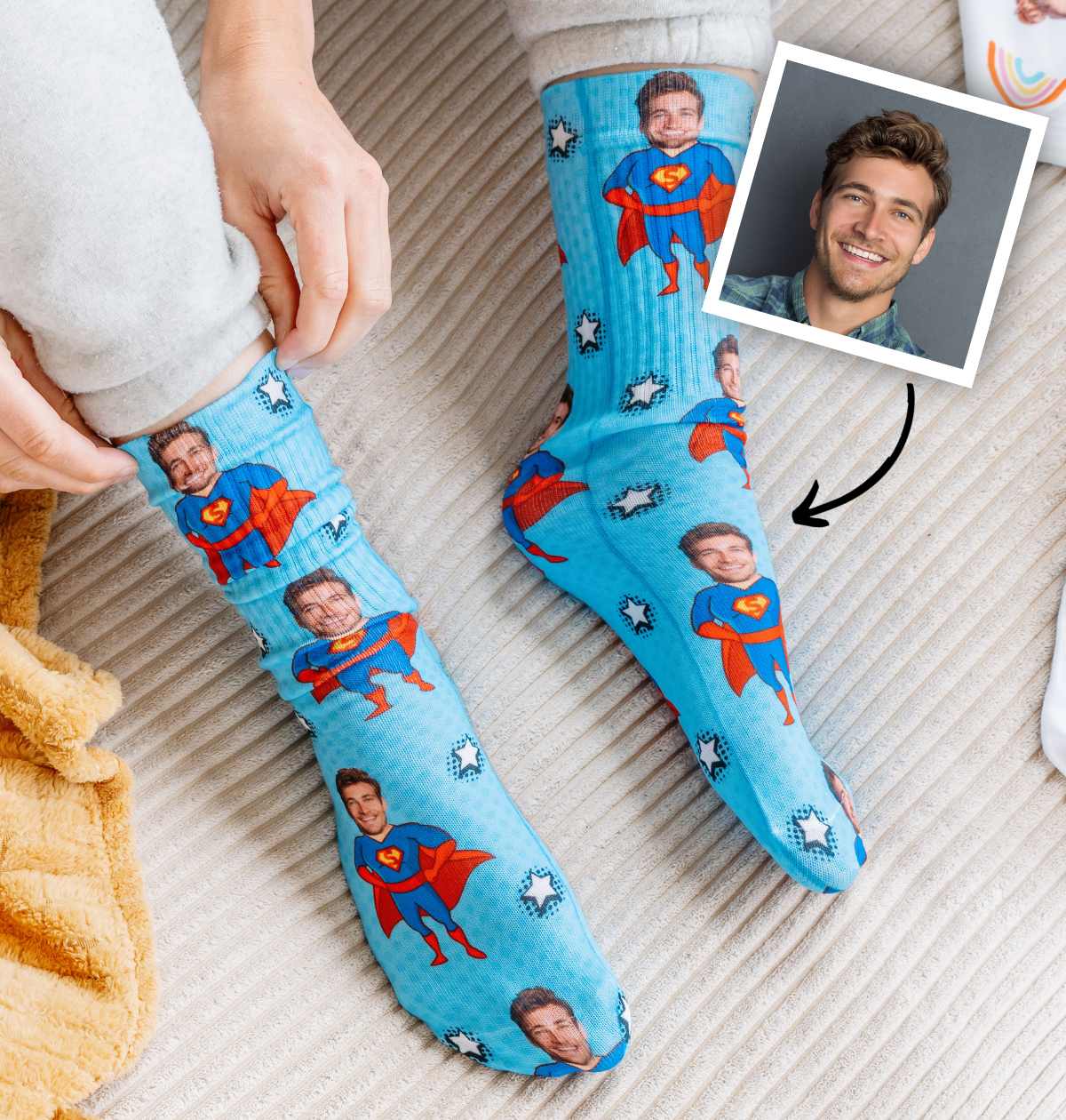 Personalisierbare Socken mit Gesicht und Superhelden, Weihnachtsgeschenk, Fotogeschenk, Geburtstagsgeschenk, Geschenk für Männer, Geschenk für Freund, Geschenk für Bruder, Geschenke für Frauen, Geschenke für Freundin, Geschenk für Schwester, Geschenk für Mama, Geschenk für Papa, Witzige Geschenke, Geschenk, Geschenkidee